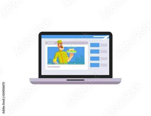 Professional Male Chef Holding Dish, Food Blogging, Video Blogger Character Streaming Video in His Channel Vector Illustration