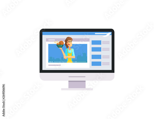 Professional Female Chef Holding Dish, Food Blogging, Video Blogger Character Streaming Video in His Channel Vector Illustration