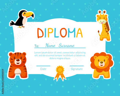 Colorful Diploma Template for Kids with Place For Your Text, Preschool, Kindergarten Children Certificate with Cute Animals Vector Illustration