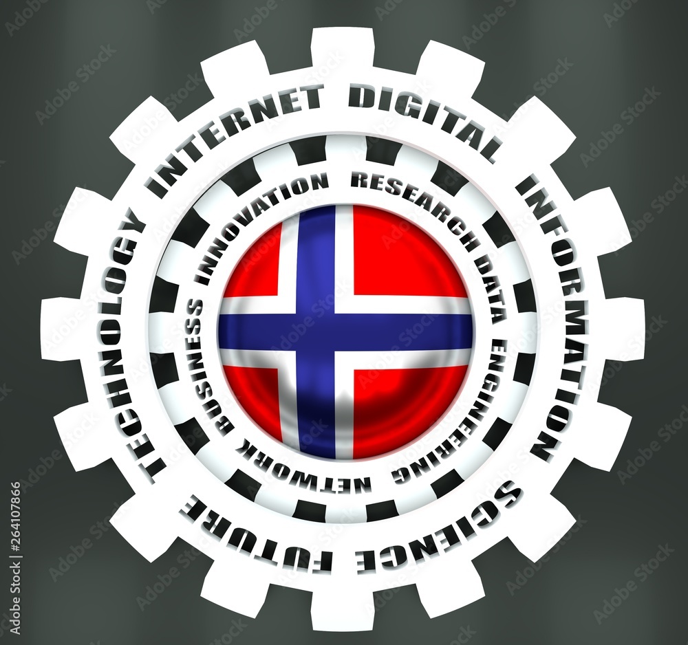 Obraz premium Technology relative words on the mechanism of gears. Concept in industrial design. Flag of Norway. 3D rendering