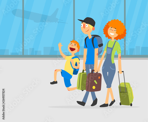 Happy Parents and Their Son Travelling Together with Luggage on Airport Background Vector Illustration