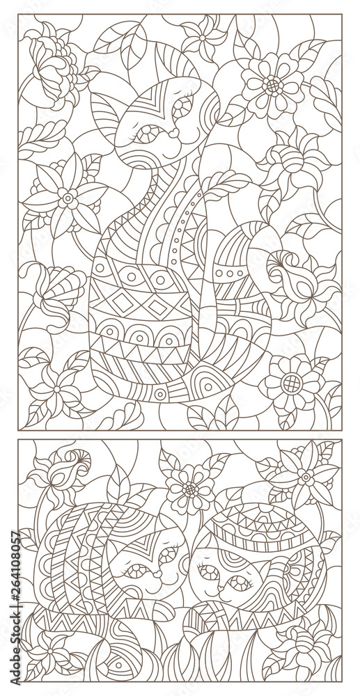 Obraz premium A set of contour illustrations of stained glass cats on a background of colors, dark outline on a white background