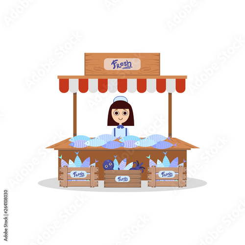 Wooden Stall with Freshness Seafood, Young Woman Selling Fresh Fish Vector Illustration