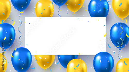 Formal greeting design in national blue and yellow colors with realistic flying helium balloons. Celebration, festival background, greeting banner, card, poster.