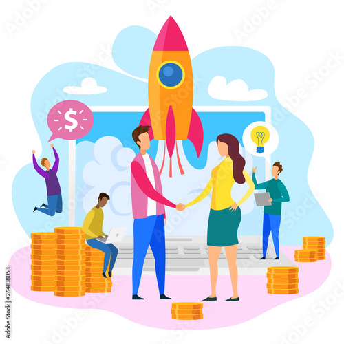Rocket on Screen Cartoon Man Woman Shake Hands