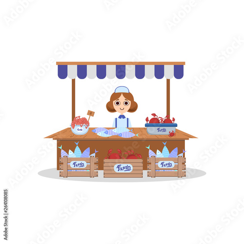 Wooden Stall with Freshness Seafood, Saleswoman Selling Fish Outdoors Vector Illustration