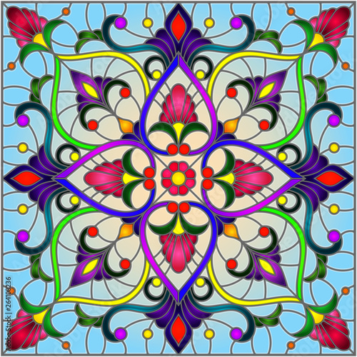 Illustration in stained glass style with abstract floral ornaments, flowers, leaves and curls on blue background, square image