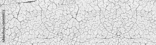 White cracked weathered concrete wall wide texture. Old cement light surface panorama. Retro panoramic background