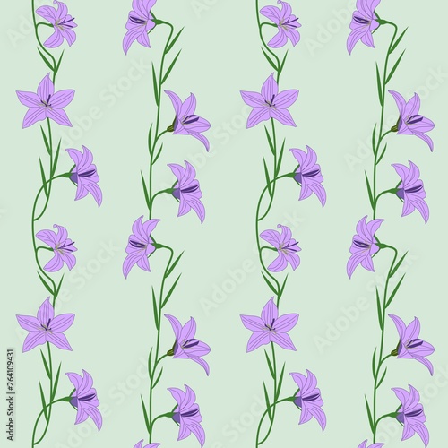 Pastel seamless pattern - delicate flowers lilac campanula on a light azure background. EPS Vector file suitable for filling any form.