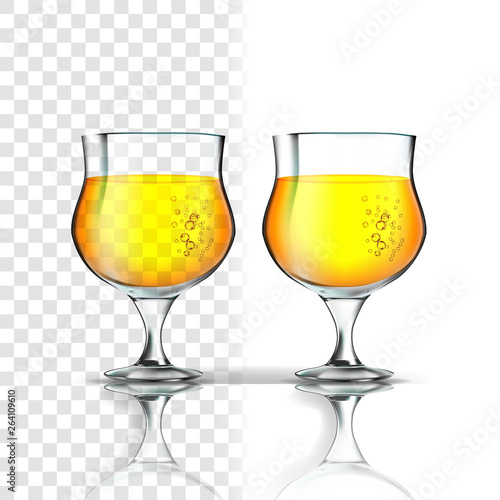 Realistic Glass With Apple Cider Or Beer Vector. Mockup Template Orange Golden Cognac, Sctoch Or Cider Alcoholic Beverage In Glass Isolated On Transparency Grid Background. 3d Illustration