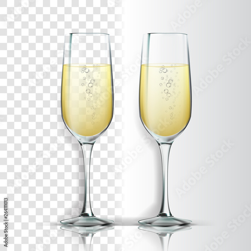Realistic Glass With Sparkling Champagne Vector. Champagne Is White Wine Product. Crystal Luxury Elegant Alcoholic Beverage With Bubbles Isolated On Transparency Grid Background. 3d Illustration