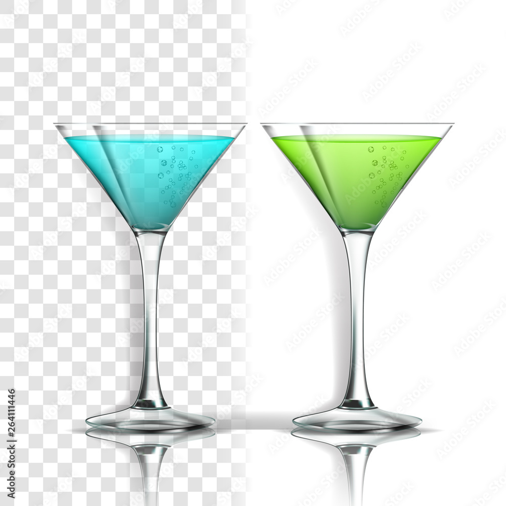 Realistic Glass With Alcoholic Cocktail Vector. Blue Lagune And Detoxing Organic Green Mixed Energy Alcoholic Beverage Liquor Isolated On Transparency Grid Background. 3d Illustration
