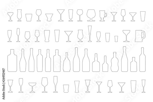 wine glasses and bottles set. Vector outline black and white illustration.