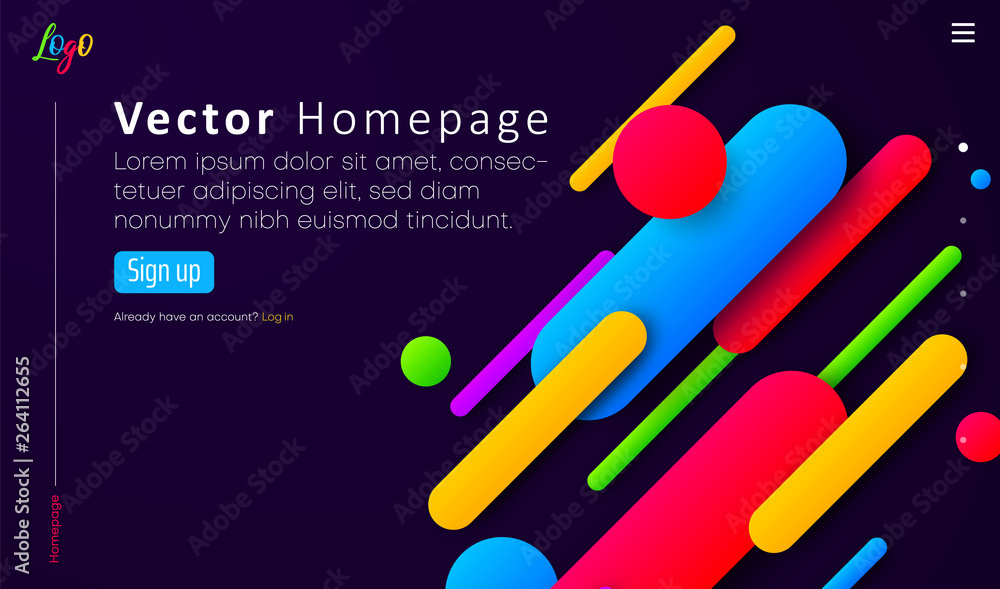 Purple web homepage template with icons and colorful geometric pattern. Purple web homepage template with icons and colorful geometric pattern.