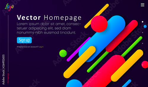 Purple web homepage template with icons and colorful geometric pattern.