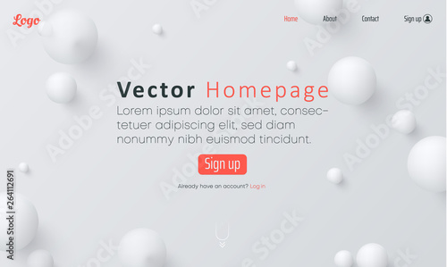 White web homepage template with icons and abstract balls pattern.