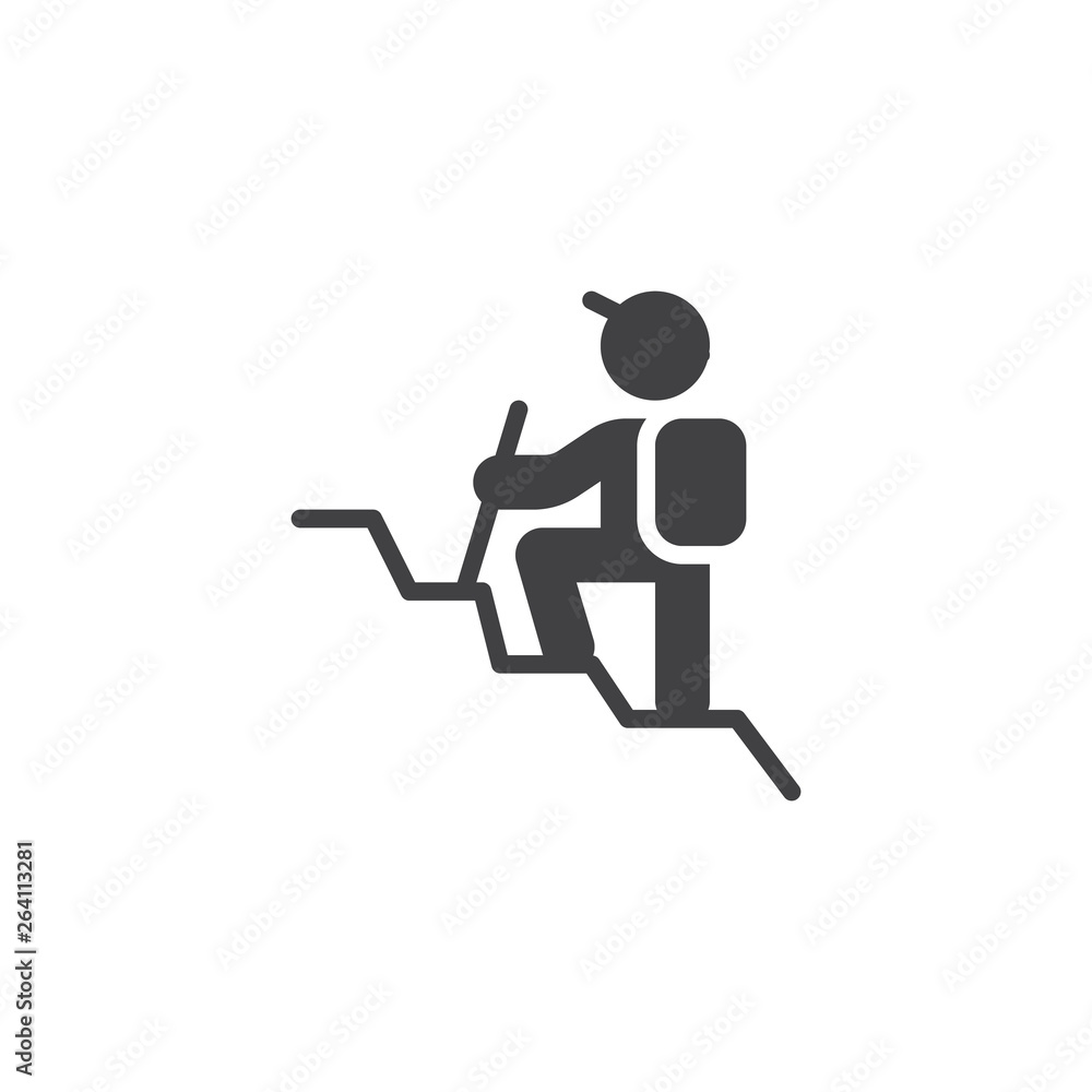 Man with a backpack hiking vector icon. filled flat sign for mobile concept and web design. Tourist climbs the mountain glyph icon. Symbol, logo illustration. Pixel perfect vector graphics Man with a backpack hiking vector icon. filled flat sign for mobile concept and web design. Tourist climbs the mountain glyph icon. Symbol, logo illustration. Pixel perfect vector graphics