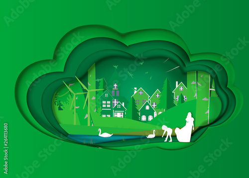 illustration of eco and world environment day with happy family.paper art and digital craft style.