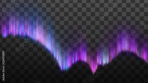 Realistic Northern Polaris Aurora Light Vector. Aurora Appear Diffuse Glow Or Curtains. Magnetic Midnight Atmospheric Colorful Phenomenon Isolated On Transparency Grid Background. 3d Illustration