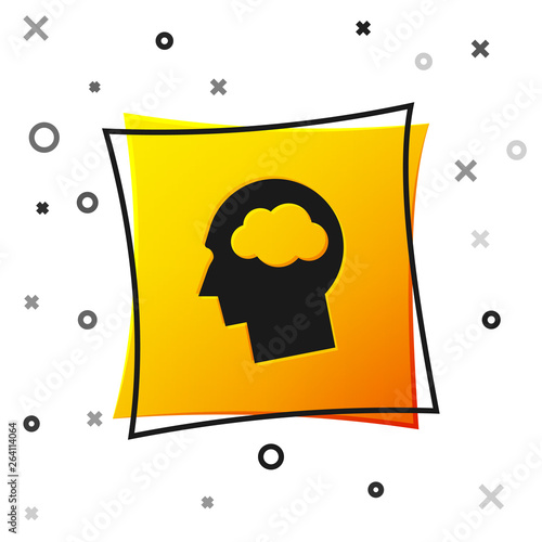 Black Head silhouette with cloud icon isolated on white background. Dreaming sign. Yellow square button. Vector Illustration