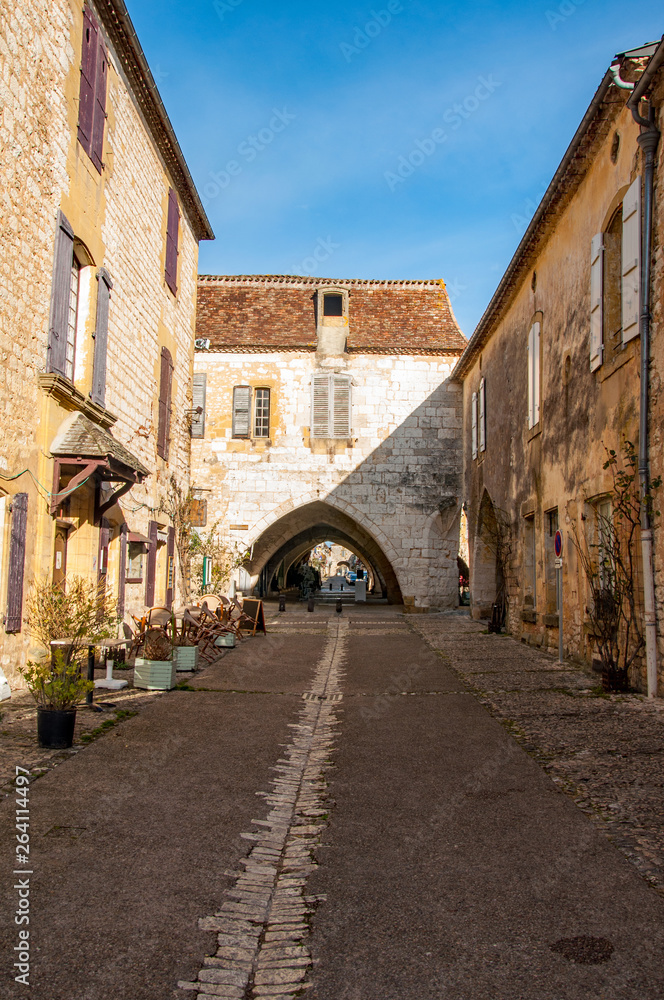 The village of Monpazier, in the Dordogne-Périgord region, France. Medieval village with arcades and typical square