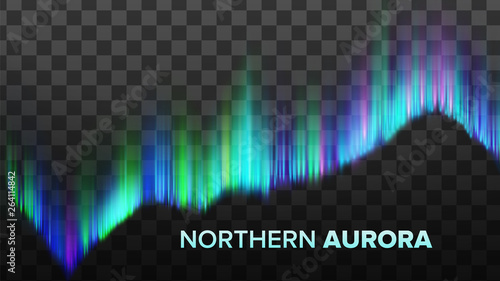 Realistic Composition Of Northern Aurora Vector. Nature Phenomenon Arctic Lights Abstract Composition Of Colorful Sky Arch Isolated On Transparency Grid Background. 3d Illustration