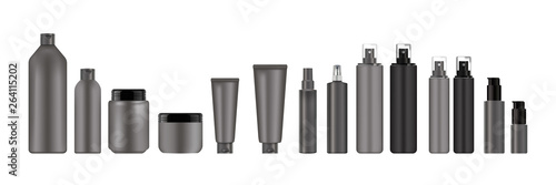 Realistic cosmetic set, black and grey spray with bottle black cap for cosmetic. Package design cosmetic products.  Vector illustration.