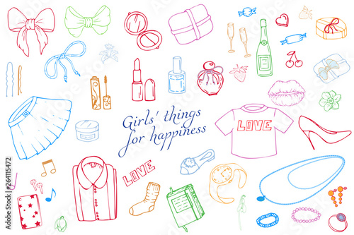 Set of Hand drawn Templates Fashion illustration with Girls Stuff. Set of women's clothing, jewelry, cosmetics, gifts and romance. Actual vector drawing of lovely things. Interests of a young  girl.
