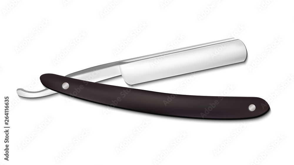 Realistic Barber Steel Razor Instrument Vector. Metallic Straight Shaving Beard Razor Mockup For Hairdresser Specialist And Barbershop. Personal Hygiene Equipment. Image 3d Illustration Realistic Barber Steel Razor Instrument Vector. Metallic Straight Shaving Beard Razor Mockup For Hairdresser Specialist And Barbershop. Personal Hygiene Equipment. Image 3d Illustration