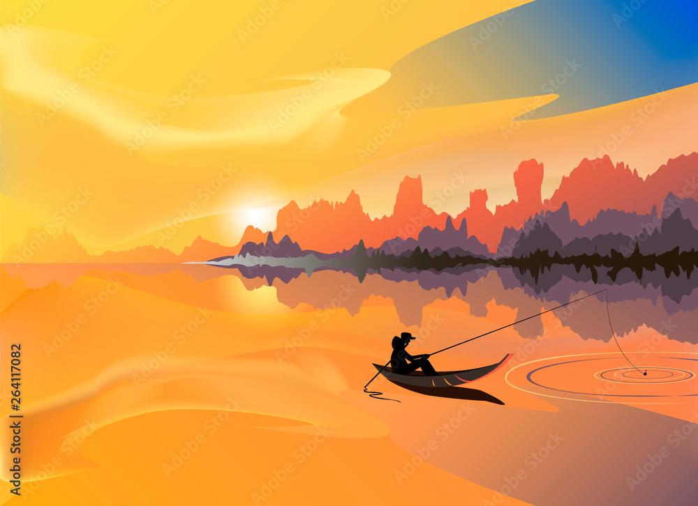 fisherman. a man in a boat fishing in the lake. vector image. landscape at sunset