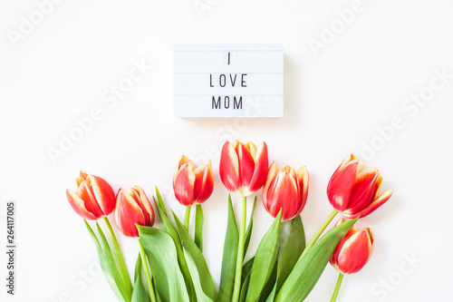 Mothers Day greeting card with red tulip flowers