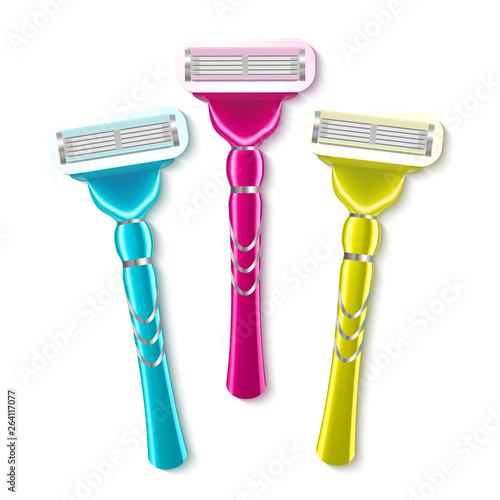 Realistic Shaving Razor Instrument Set Vector. Different Multi-colored Of Razor For Epilation Hair Removal. Skin Care Personal Hygiene Equipment Concept. Top View Image 3d Illustration