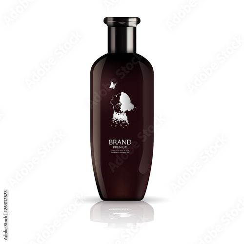  Plastic cosmetic brown shampoo bottle with black cap , shower gel, lotion or bath foam. Ready for your design.  Vector illustration.