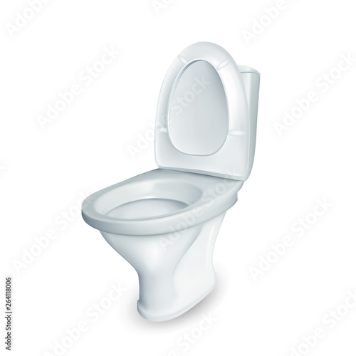 Realistic Restroom Ceramic Toilet Bowl Vector. Household Ceramic Lavatory And General Mockup With Opened Raised Plastic Seat. Element Of Sanitary Cabinet Side View Image 3d Illustration