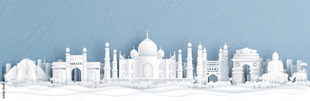 Panorama view of India with Taj Mahal and skyline with world famous landmarks in paper cut style vector illustration - obrazy, fototapety, plakaty 