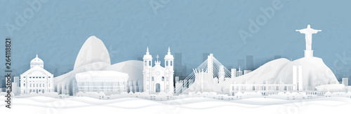 Panorama view of Rio de Janeiro, Brazil city skyline in paper cut style vector illustration