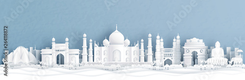 Panorama view of India with Taj Mahal and skyline with world famous landmarks in paper cut style vector illustration