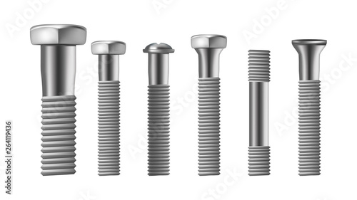 Realistic Types Of Steel Brass Bolt Set Vector. Assortment Of Different Metallic Bolt, Screw And Rivet. Iron Construction Elements. Side View Isolated Detail Image. 3d Illustration
