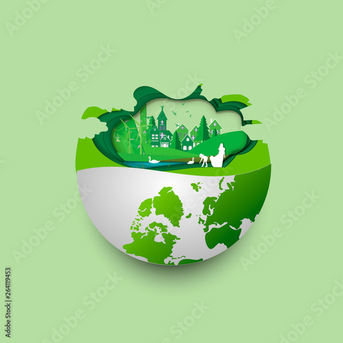 Green earth of eco friendly city and urban forest landscape abstract background.Renewable energy for ecology and environment conservation concept paper art design.