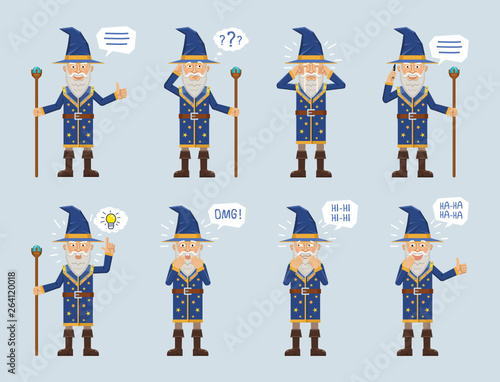 Set of old magician characters posing in different situations. Cheerful wizard talking on phone, thinking, crying, laughing, surprised, showing thumb up gesture. Flat vector illustration