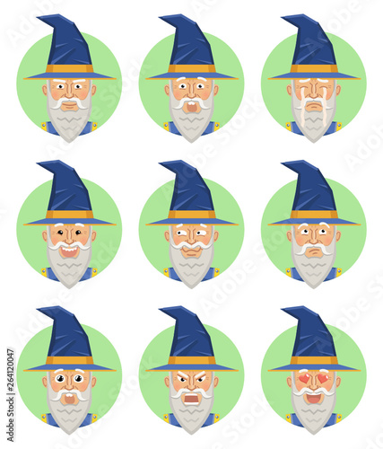 Set of wizard emoticons. Magician avatars showing different emotions. Happy, smile, sad, cry, angry, love, surprised, upset, laugh and other facial expressions. Flat style vector illustration
