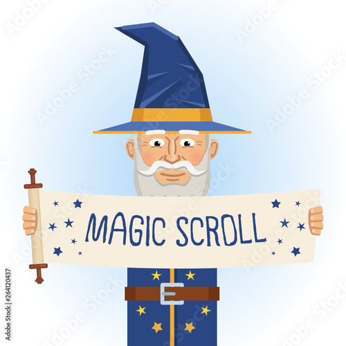 Illustration of an old medieval wizard with holding a magic scroll. Fantasy magician, warlock, sorcerer. Flat style vector illustration