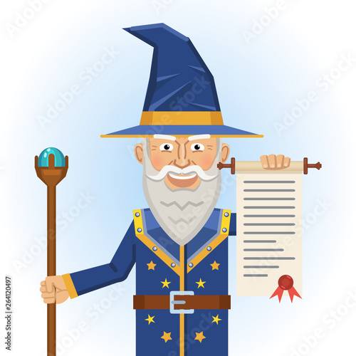 Illustration of an old medieval wizard holding a scroll. Cheerful wizard making an announcement. Fantasy magician, warlock, sorcerer. Flat style vector illustration