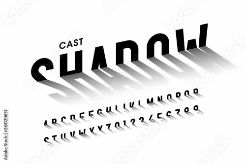 Cast shadow font, alphabet letters and numbers