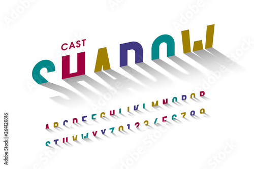 Cast shadow font, alphabet letters and numbers