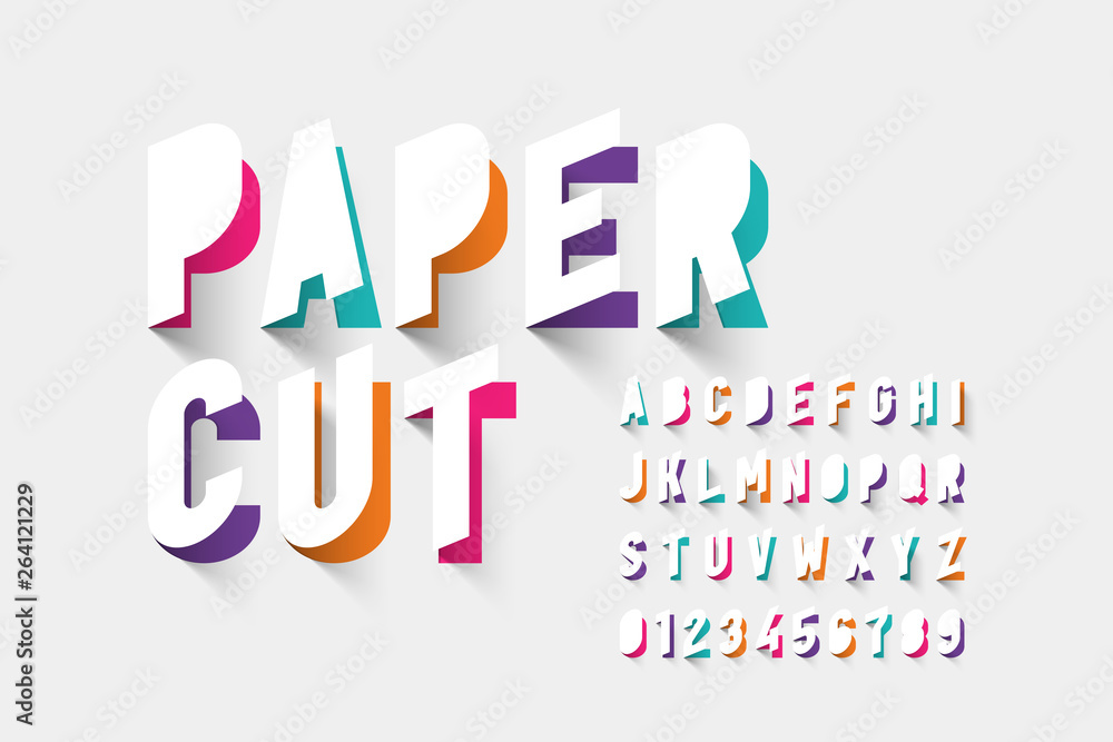 Paper cut typography, alphabet letters and numbers