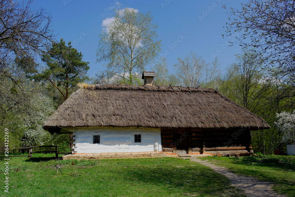  Old ukrainian house.Ukrainian hut of the nineteenth century. Spring landscape, blooming trees.Pirogovo village.
