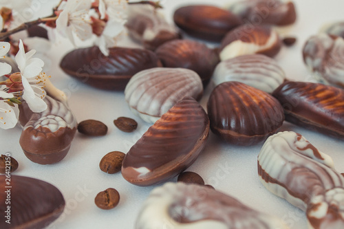 Chocolate candies in the shape of shells lie on the table. Chocolate shells of different shapes.