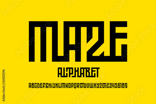 Maze style font design, labyrinth alphabet, letters and numbers