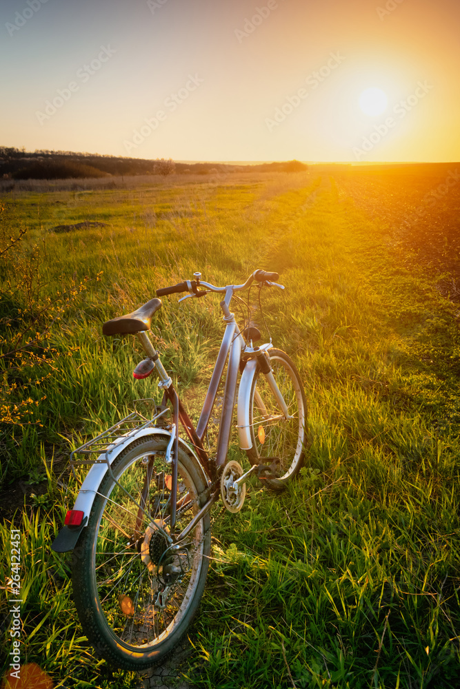 Bicycle on a green field in the rays of the setting sun Bicycle on a green field in the rays of the setting sun